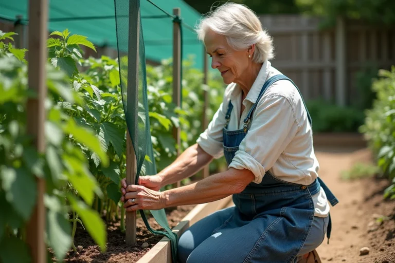 Femme installant un filet d'ombrage sur des plants de tomates dans un potager surélevé en été