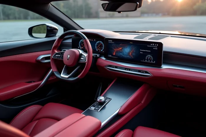 Intérieur futuriste d'une voiture concept haut de gamme avec tableau de bord panoramique, écrans tactiles et sellerie alcantara bordeaux