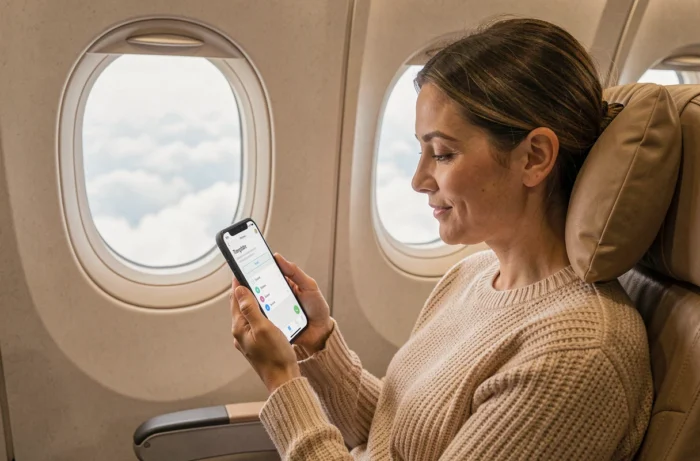 Femme dans un siège d'avion utilisant l'application iTranslate en mode hors ligne payant sur smartphone, affichant le sélecteur de paires de langues