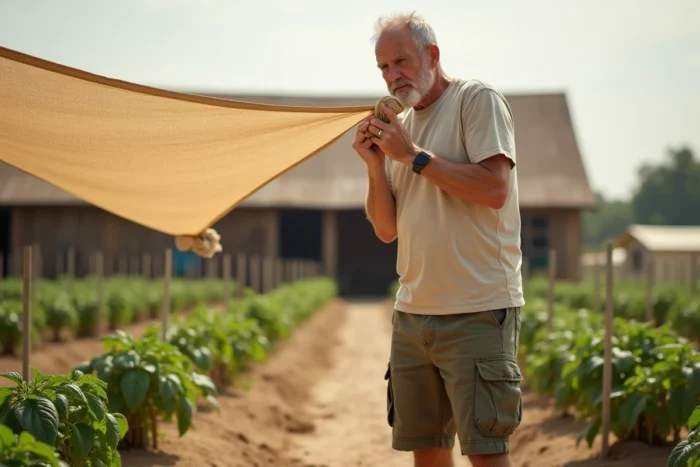 Jardinier inspectant un rouleau de filet d'ombrage avant de le poser sur ses plants de tomates