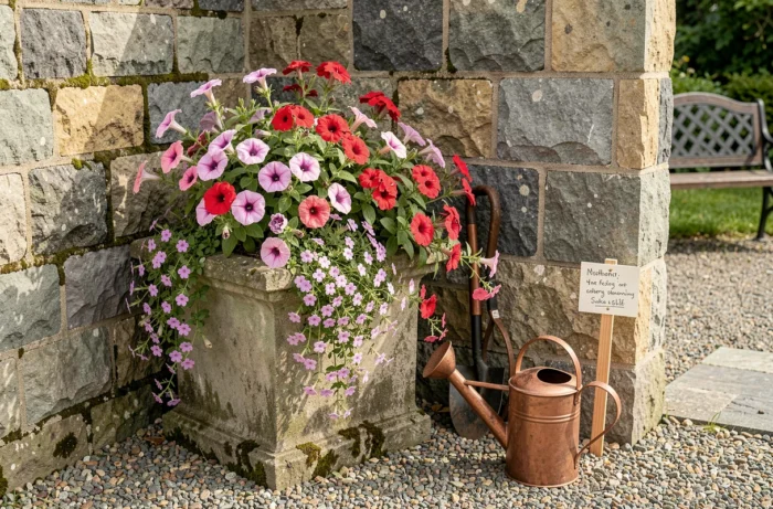 Jardinière en pierre remplie de pétunias, géraniums et lobélias contre un mur de calcaire, avec arrosoir en cuivre et outils de jardinage