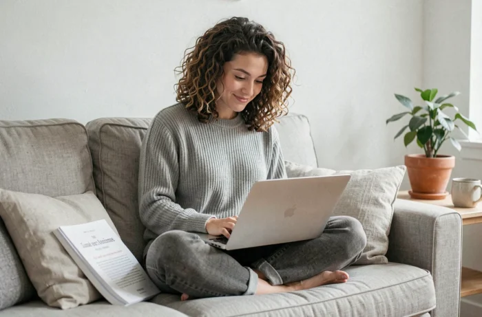 Jeune femme étudiant l'accord du participe passé féminin sur ordinateur à la maison