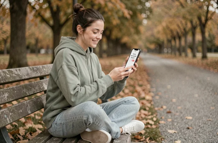 Jeune femme assise dans un parc souriant en lisant une citation motivante sur son smartphone, représentant la confiance en soi et le bien-être au quotidien
