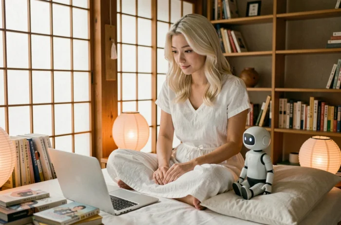 Jeune femme assise sur un lit en appartement japonais regardant un petit robot, scène évoquant le manga Chobits