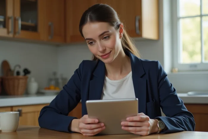 Jeune femme en blazer consultant une tablette à la cuisine pour corriger une erreur de connexion sur un service en ligne