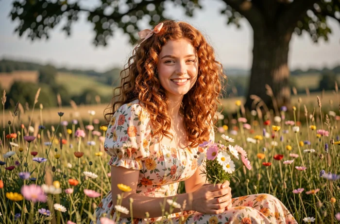 Jeune fille aux cheveux bouclés en robe fleurie vintage assise dans un pré de fleurs sauvages, évoquant Candy Candy