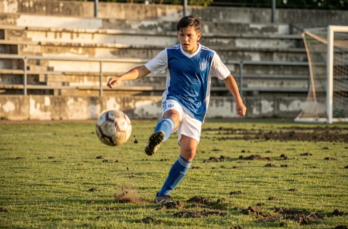 Jeune joueur de football en plein tir sur un terrain herbeux, en hommage au manga Captain Tsubasa