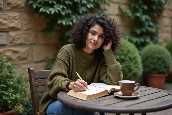 Jeune femme écrivant dans un journal en plein air pour clarifier ses valeurs personnelles, pratique associée à la thérapie ACT en psychologie