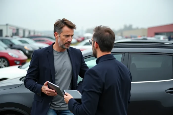 Journaliste automobile masculin tenant une tablette numérique lors d'un salon automobile en extérieur, SUV noir mat en arrière-plan