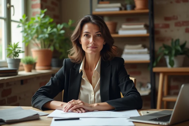 Laurène Godey, entrepreneure et créatrice, dans son atelier parisien entouré de carnets de croquis et d'échantillons de tissu