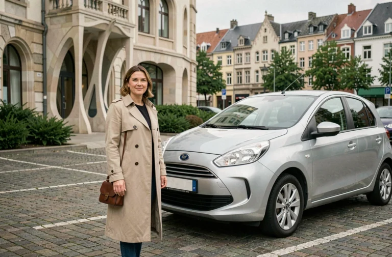 Femme en imperméable beige à côté d'une voiture de location argent dans un parking urbain de Bruxelles