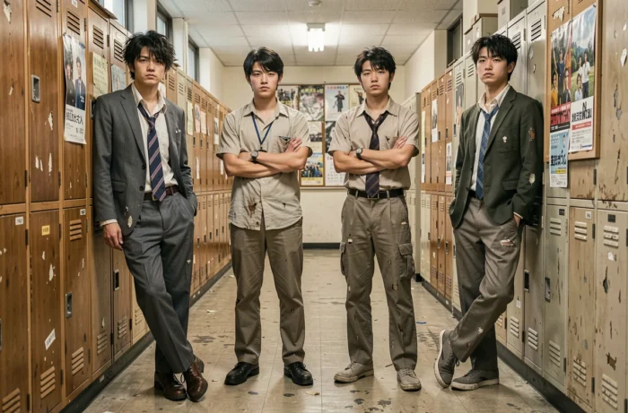 Groupe d'adolescents en uniformes scolaires négligés dans un couloir de lycée japonais, ambiance absurde de Cromartie High School