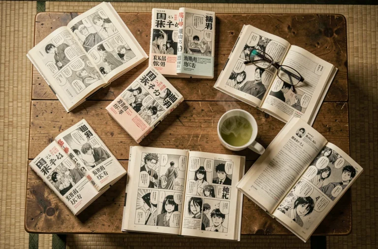 Sélection de volumes de manga posés sur une table en bois, représentant les incontournables du genre dont les titres commencent par la lettre C