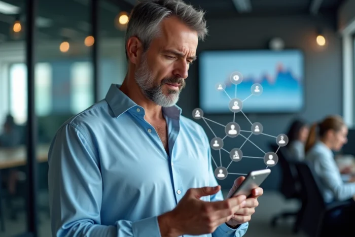 Homme en entreprise tenant un smartphone affichant un réseau de profils humains associés à des valeurs monétaires symbolisant la marchandisation des données personnelles