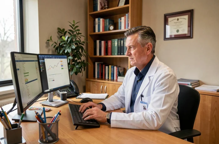 General practitioner analyzing patient data on screen in their medical office
