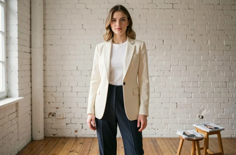 Portrait en pied d'une jeune femme française élégante en blazer crème dans un studio parisien illustrant les mensurations et la silhouette de Lola Dewaere