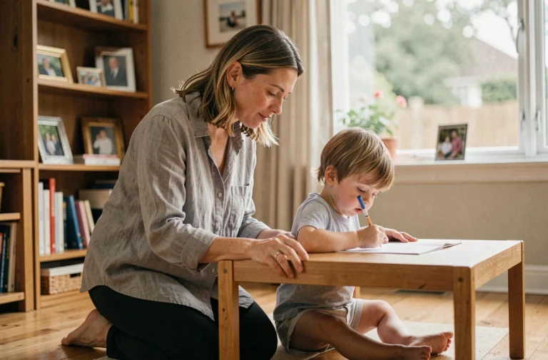 Mère aidant son enfant à dessiner dans un salon chaleureux, illustration de conseils pour accompagner les parents au quotidien