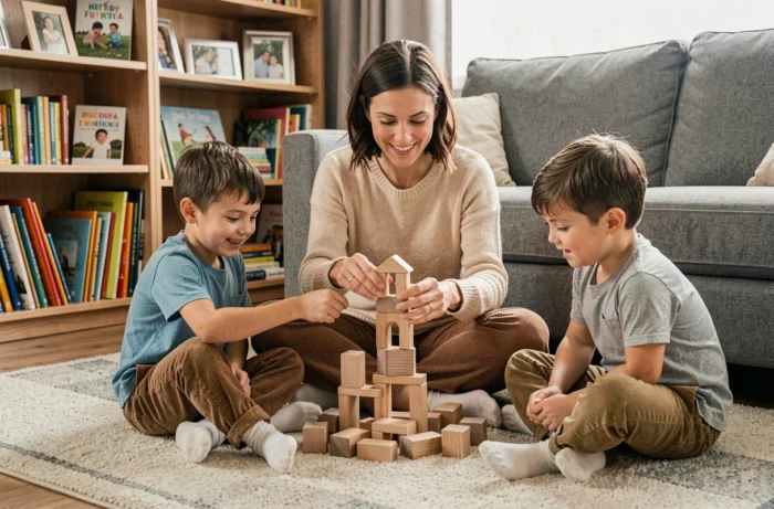 Mère et ses deux fils jouant ensemble avec des blocs en bois dans un salon familial douillet, moment de complicité et de créativité au quotidien