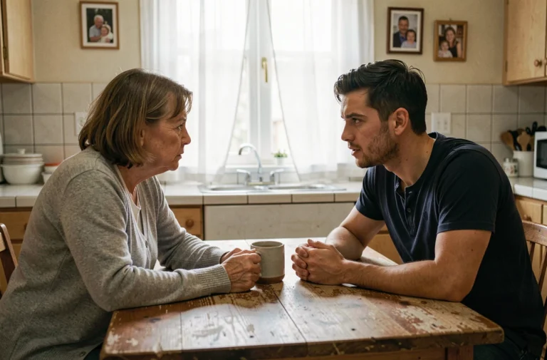 Mère et fils adulte en conversation apaisante autour d'une table de cuisine pour résoudre un conflit familial