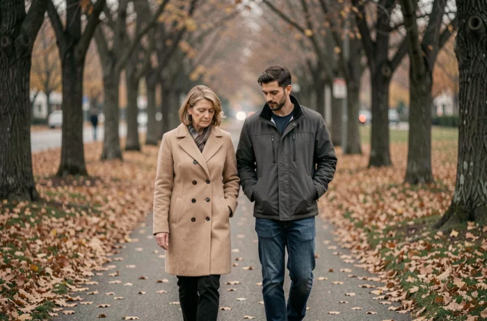 Mère et fils adulte marchant en silence dans un parc en automne après un conflit familial apaisé