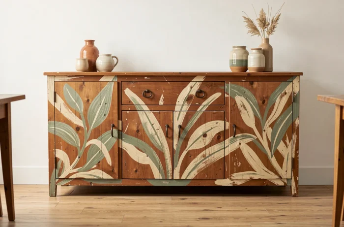 Buffet ancien peint à la main avec un motif botanique abstrait en teintes terracotta et sauge, pièce maîtresse décorative d'une salle à manger