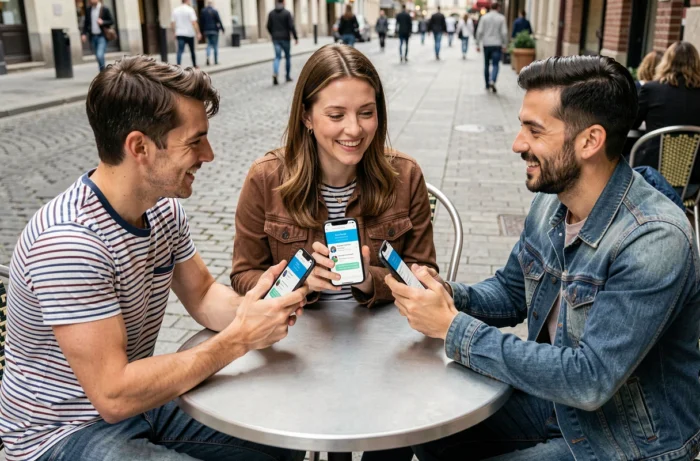 Trois adultes autour d'une table de café utilisant Microsoft Translator en mode conversation de groupe, chacun avec son smartphone affiché à l'écran