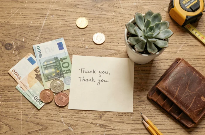 Billets et pièces en euros sur une table en bois pour illustrer le montant d'un pourboire après travaux