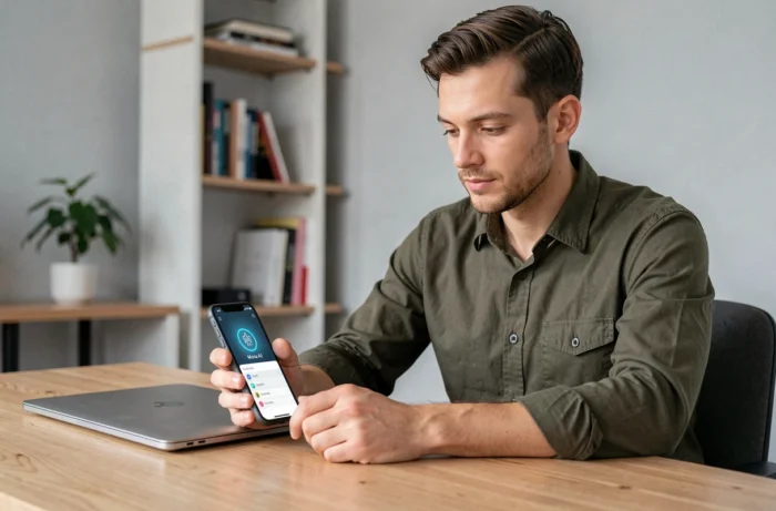 Homme dans un bureau à domicile utilisant l'application Mova avec traduction IA locale affichée sur smartphone, sans connexion internet active