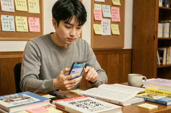 Homme étudiant les langues asiatiques à son bureau avec l'application Naver Papago affichant une traduction coréen-japonais sur smartphone