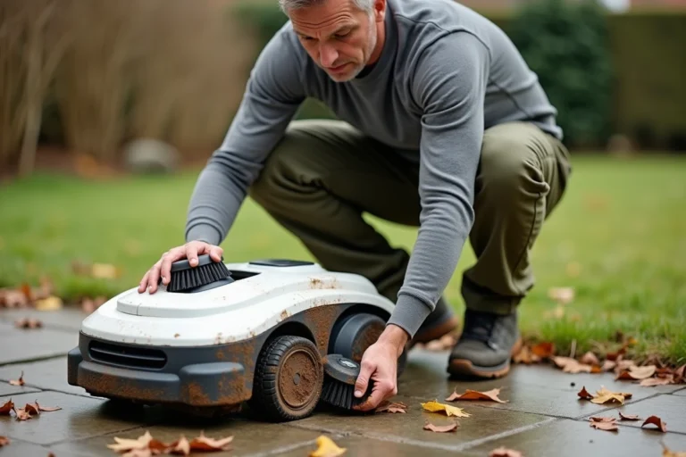 Homme nettoyant un robot tondeuse avant hivernage sur une terrasse en pierre entourée de feuilles mortes à l'automne