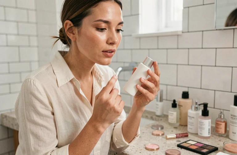 Femme examinant un nouveau produit de soin visage dans une salle de bain minimaliste, entourée de nouveautés beauté du mois