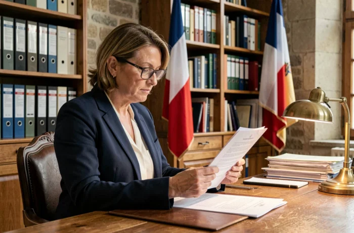 Officière d'état civil consultant un document administratif dans une mairie de l'Ouest de la France, illustrant les nouvelles règles de publication des bans de mariage 2026
