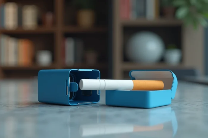 Paquet de cigarettes Vogue bleue ouvert avec une cigarette sortie posé sur comptoir en pierre
