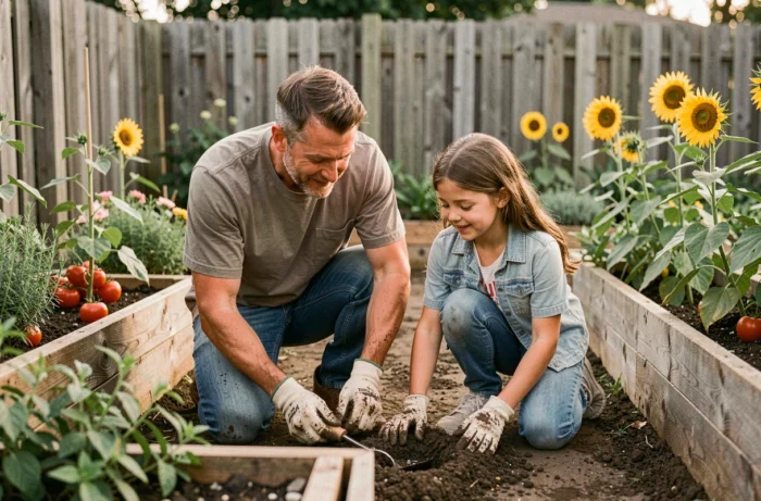 Père et fille jardinent ensemble dans un potager familial, activité éducative et moment de partage en plein air au quotidien