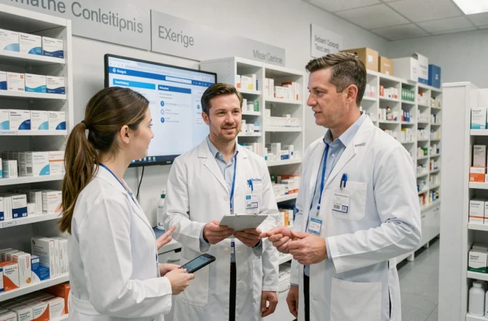 Pharmacist and hospital administrator collaborating on a digital management system in a pharmacy
