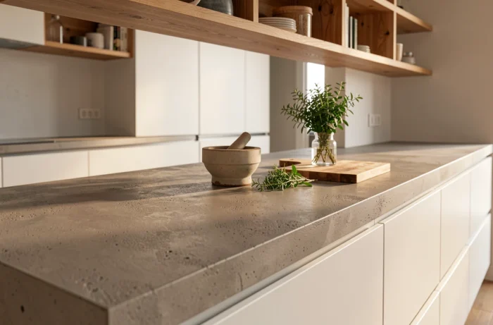 Plan de travail en béton brut haussmanien dans une cuisine ouverte, associé à des cabinetsblancs et des étagères en bois naturel brut