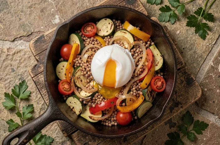 Stir-fried seasonal vegetables with buckwheat and poached egg with a runny yolk