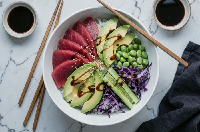 Poke bowl with vinegared rice, fresh tuna, avocado, edamame, and sesame seeds