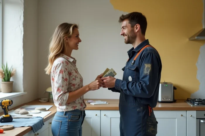 Une femme remet un pourboire en espèces à un artisan après des travaux de rénovation de cuisine