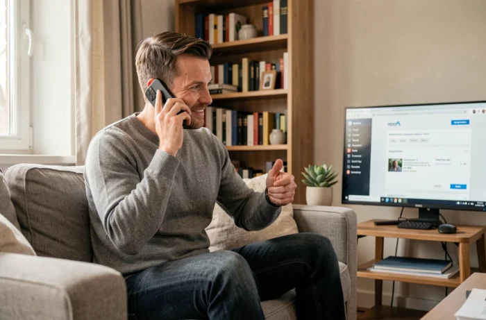 A man working from home easily contacts a digital web team by phone while consulting a website