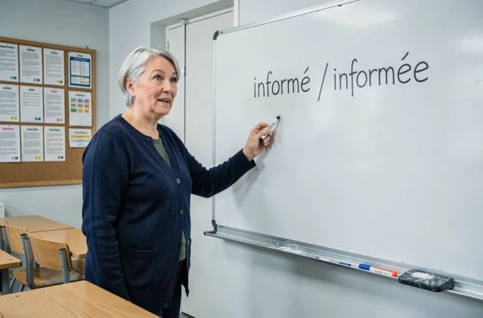 Professeure de français expliquant l'accord féminin du participe passé informée au tableau
