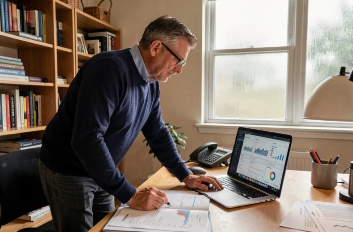 Professionnel du marketing digital analysant des rapports SEO et des données de référencement sur ordinateur portable