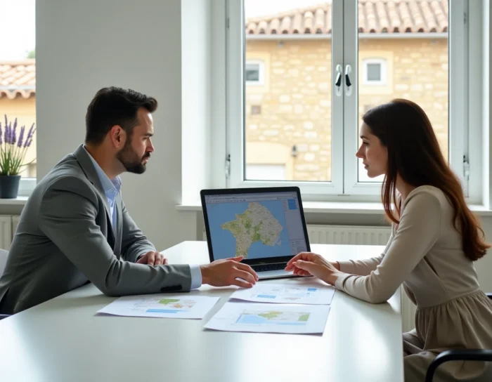 Two professionals comparing office rental offers in Aix-en-Provence around a modern meeting table with a view of Provençal architecture