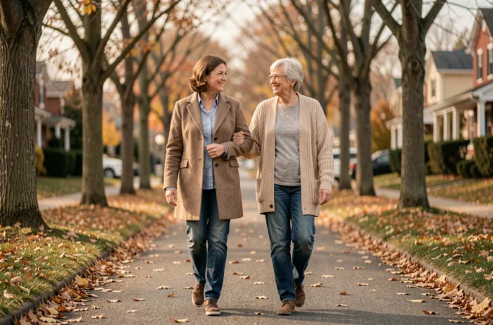 Fille adulte accompagnant sa mère lors d'une promenade automnale, soutien au quotidien des parents âgés