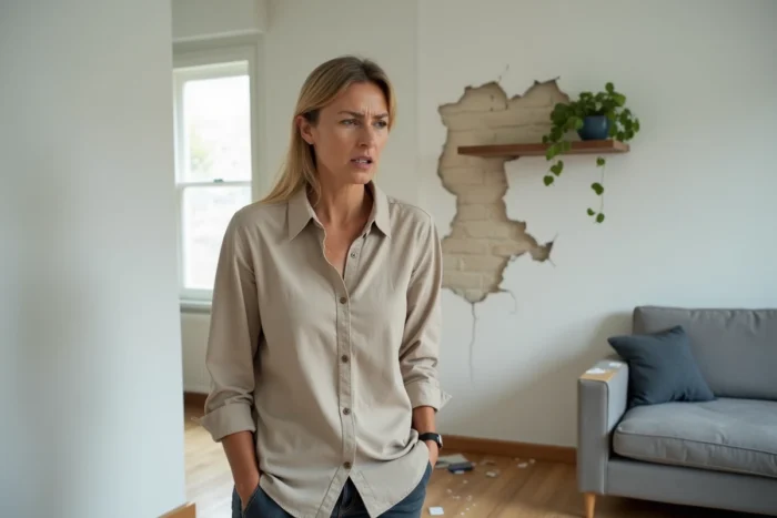 Propriétaire Airbnb inspectant des dégradations dans son appartement locatif après le départ d'un voyageur