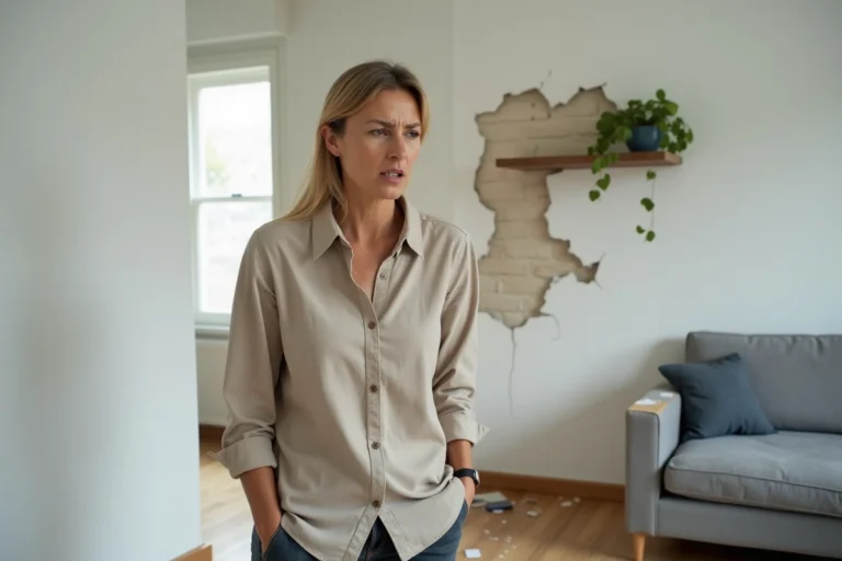 Propriétaire Airbnb inspectant des dégradations dans son appartement locatif après le départ d'un voyageur
