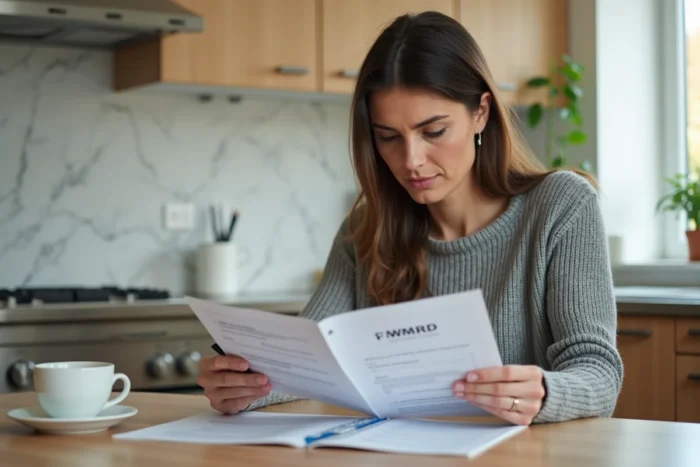 Femme propriétaire LMNP annotant un guide fiscal sur l'amortissement de son bien immobilier meublé