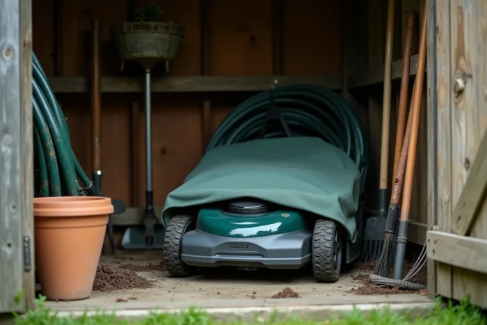 Robot tondeuse rangé dans une remise de jardin avec housse de protection pour l'hivernage, entouré d'outils de jardinage