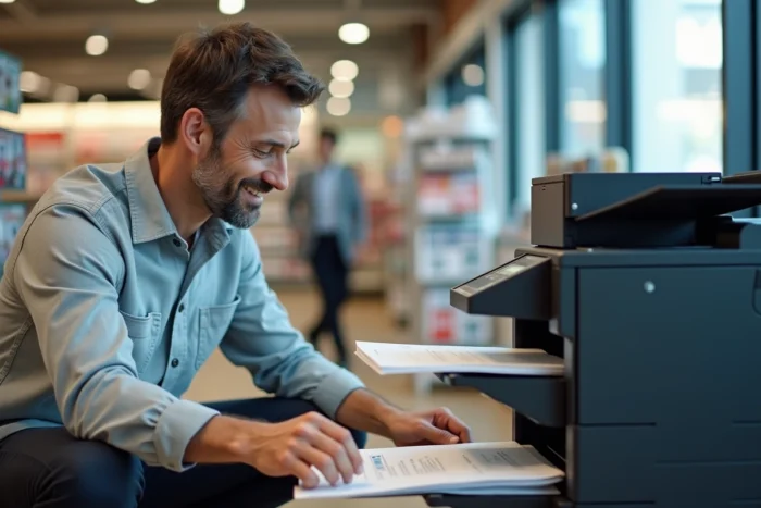Homme récupérant des documents imprimés à une borne multifonction en grande surface