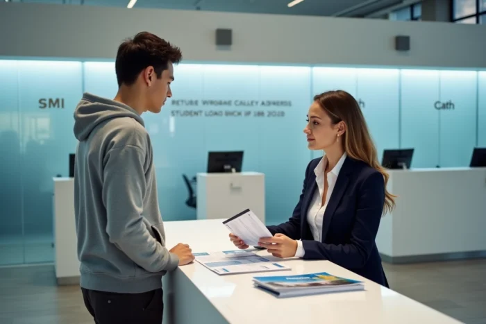 Jeune étudiant en rendez-vous bancaire pour obtenir un prêt étudiant à taux zéro auprès d'un conseiller financier